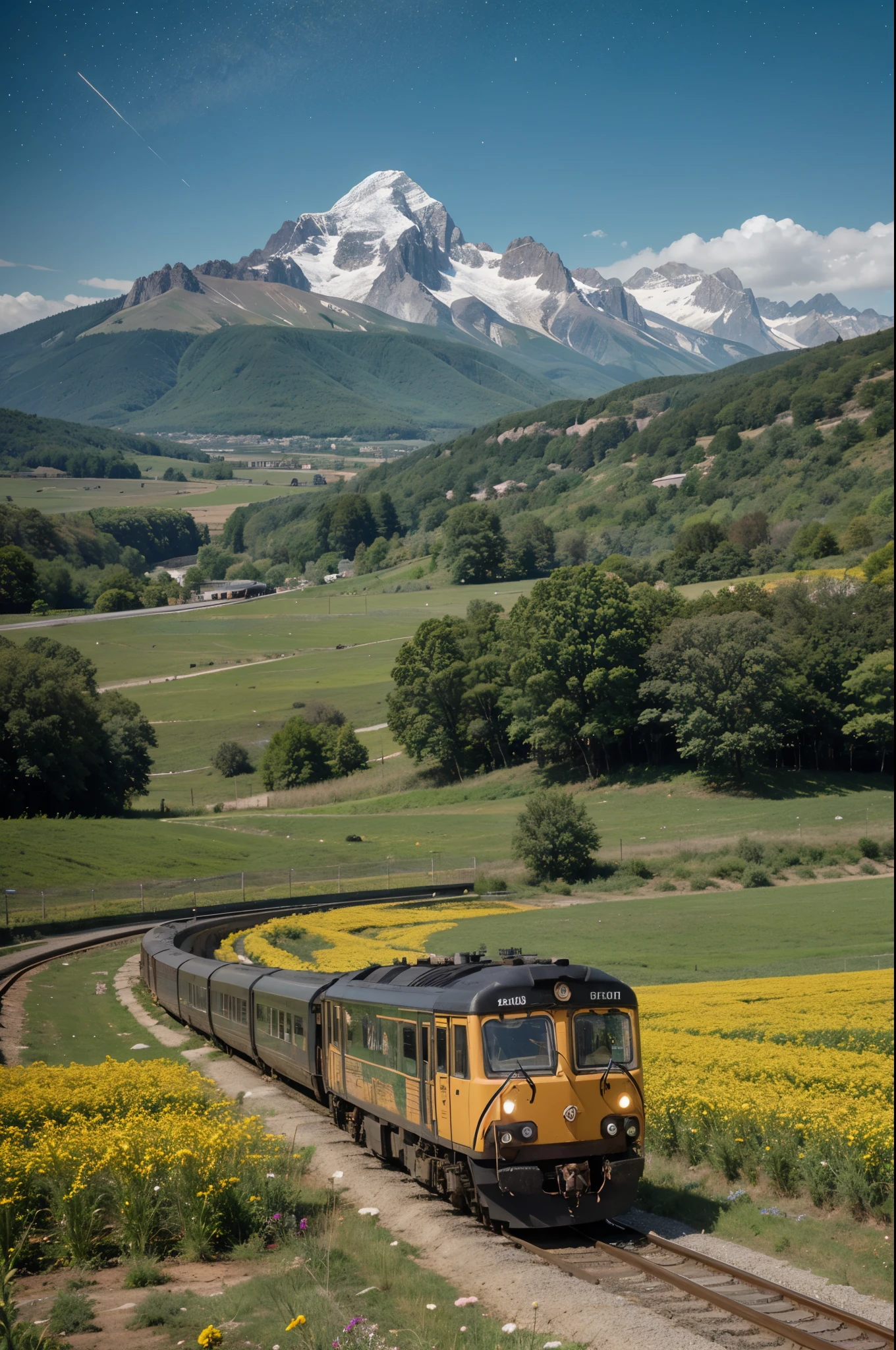 A train running through a flower field, mountains in the background, lake in the foreground. starry sky