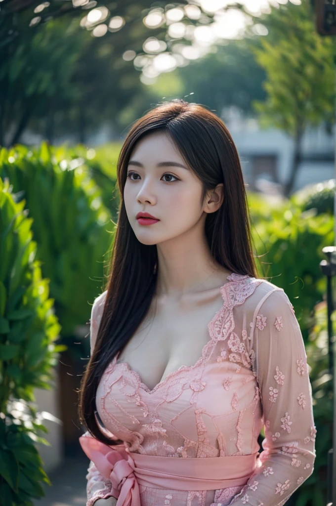 8k, best quality, Medium close-up, (pink kebaya )、(luxury kebaya ),(top-quality,masterpiece:1.3,超A high resolution,),(ultra-detailliert,Caustics),(Photorealsitic:1.4,RAW shooting,)Ultra-realistic capture,A highly detailed,high-definition16Kfor human skin, Cute and lovely Korean girl, realistic, ultra detail, photo realistic, Increase quality, standing in a garden with a scarf, garden, (large breast), (cleavage ), close-up shot, mouth,dark-haired, pink neon fringe hair, (depth of fields、chromatic abberation、Wide range of lighting、Natural Shading、)、(Exterior light at night:1.4)、(Hair swaying in the wind:1.2).