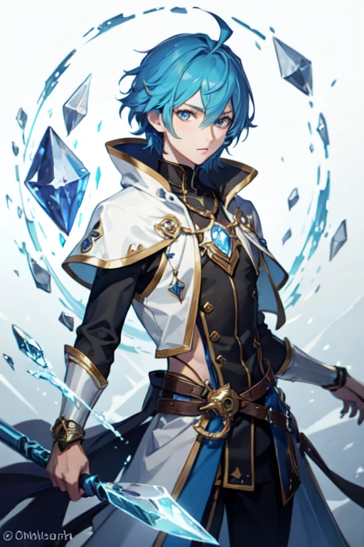 Male mage with blue hair and eyes using ice magic