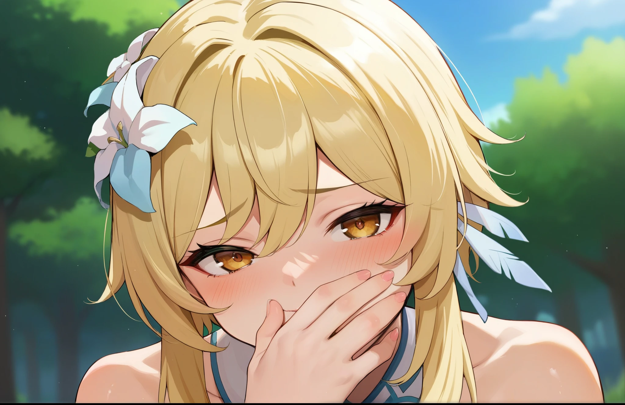 score_9, score_8_up, score_7_up, score_6_up, source_anime, BREAK by ikuchan kaoru, iku, clean color, flat color,1girl, genshin impact, lumine genshin impact, outdoors, in Forest, face focus, face closeup, face, face only, smug, shy, embarrassed, covering mouth, covering eyes