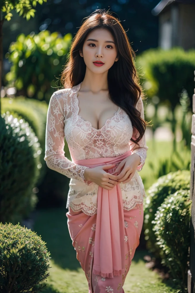 8k, best quality, Medium close-up, (pink kebaya )、(luxury kebaya ),(top-quality,​masterpiece:1.3,超A high resolution,),(ultra-detailliert,Caustics),(Photorealsitic:1.4,RAW shooting,)Ultra-realistic capture,A highly detailed,high-definition16Kfor human skin, Cute and lovely Korean girl, realistic, ultra detail, photo realistic, Increase quality, standing in a garden with a scarf, garden, (large breast), (cleavage ), close-up shot, mouth,dark-haired, pink neon Long Wavy Hair, (depth of fields、chromatic abberation、Wide range of lighting、Natural Shading、)、(Exterior light at night:1.4)、(Hair swaying in the wind:1.2).