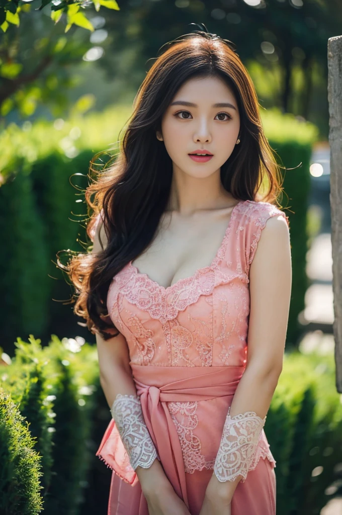 8k, best quality, Medium close-up, (pink kebaya )、(luxury kebaya ),(top-quality,masterpiece:1.3,超A high resolution,),(ultra-detailliert,Caustics),(Photorealsitic:1.4,RAW shooting,)Ultra-realistic capture,A highly detailed,high-definition16Kfor human skin, Cute and lovely Korean girl, realistic, ultra detail, photo realistic, Increase quality, standing in a garden with a scarf, garden, (large breast), (cleavage ), close-up shot, mouth,dark-haired, pink neon Long Wavy Hair, (depth of fields、chromatic abberation、Wide range of lighting、Natural Shading、)、(Exterior light at night:1.4)、(Hair swaying in the wind:1.2).