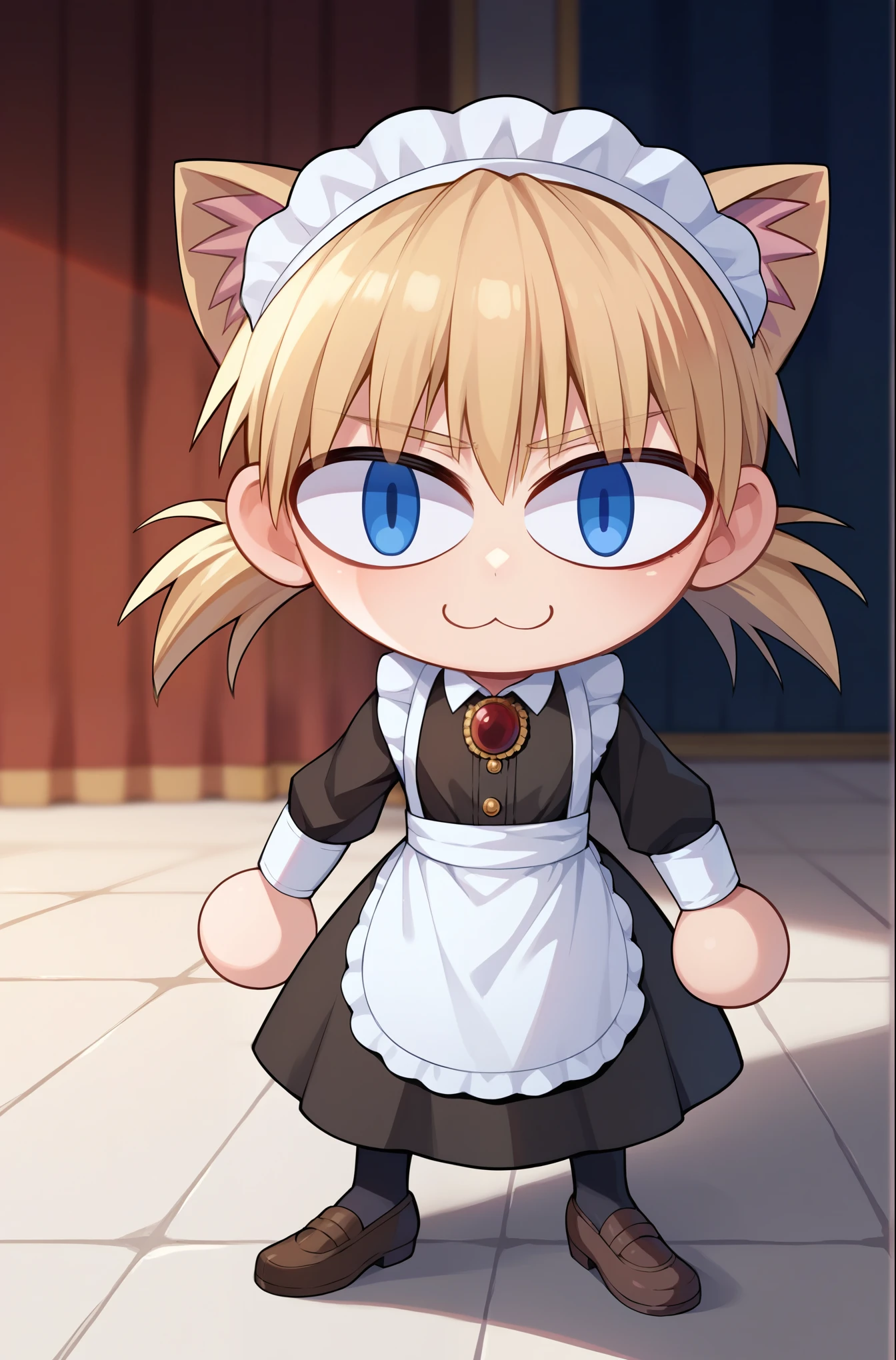 score_9, score_8_up, score_7_up, score_6_up, score_5_up, score_4_up, BREAK, 1girl, solo, necoarc, lit pupils, cat ears, chibi, :3, feliciadef, blonde hair, ponytail, blue eyes, hellsing, seras, maid headdress, brooch, maid apron, black thighhighs, bridal gauntlets, castle, indoors,