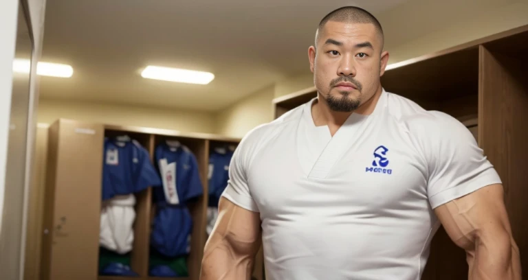(judo uniform:1.2), (inside club locker room:1.2), Japanese man, Chinese man, Korean man, Taiwanese man, manly face, (round face:1.2), (monolid eyes:1.2), (buzz cut:1.4), very large and strong body, bulging muscles, very large pectoral muscles, muscular arms, muscular abs, muscular legs, muscular back, brightens oily skin, master piece, realistic, panorama, distant view