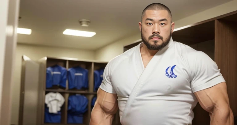 (judo uniform:1.2), (inside club locker room:1.2), Japanese man, Chinese man, Korean man, Taiwanese man, manly face, (round face:1.2), (monolid eyes:1.2), (buzz cut:1.4), very large and strong body, bulging muscles, very large pectoral muscles, muscular arms, muscular abs, muscular legs, muscular back, brightens oily skin, master piece, realistic, panorama, distant view