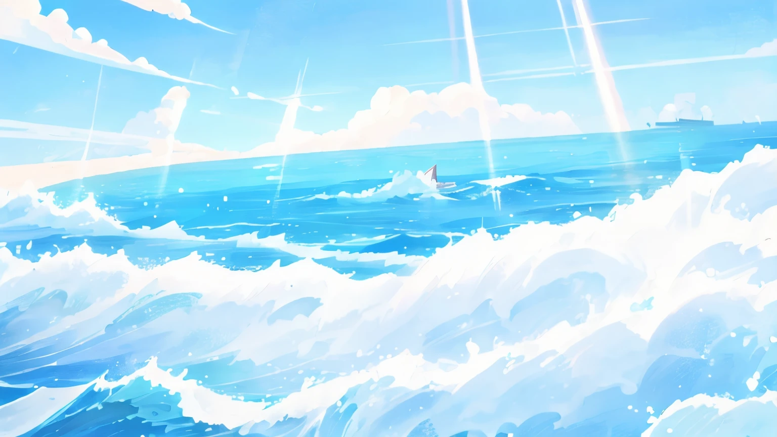 Japanese cartoons - style painting of a man on a surfboard in the ocean, Japanese cartoons clouds, beautiful floating clouds. Japanese cartoons, Japanese cartoons background, Japanese cartoons sky, Japanese cartoons beautiful peace scene, paradise background, luminous sky paradise background, wallpaper Japanese cartoons blue water, Japanese cartoons landscape wallpaper, Blue sky, beautiful Japanese cartoons scenery, blue sea. author：Xin Haicheng, Japanese cartoons background art