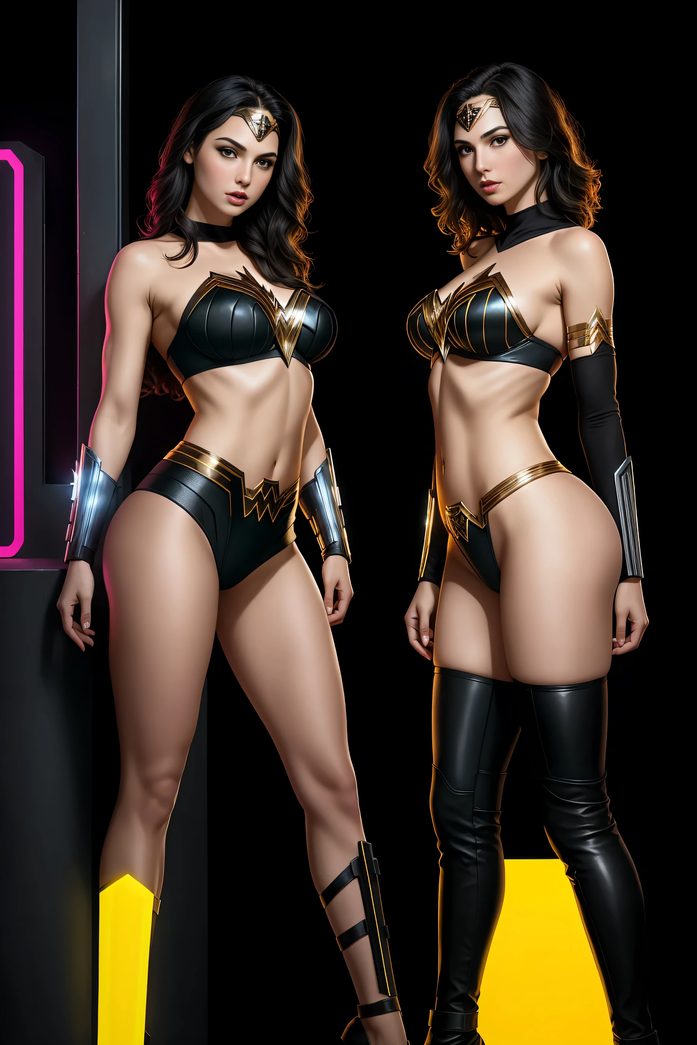 there is Gal Gadot as Wonder Woman standing, 3 d neon art of a womans body, neon-noir background, cyberpunk femme fatale, seductive cyberpunk dark fantasy, cyberpunk strip clubs, cyberpunk 20 y. o model girl, oppai cyberpunk, banner, high definition cgsociety, cgsociety masterpiece, trending on cgstation, kda, random hair, looking at camera, powerful physique, gigantic breasts, nice ass, powerful thighs, cleavage, (high detailed skin:1.2), 8k uhd, dslr, super lighting, high quality, film grain, high res, highly detailed, hyper realistic, beautiful face, beautiful body, beautiful eyes nose lips, alluring expression, very bold, upper  visible, full body photo, standing legs apart, pale translucent glowing skin, most beautiful face, cute, (well defined pubic hair:1.2)), (dark plain black background:1.4))