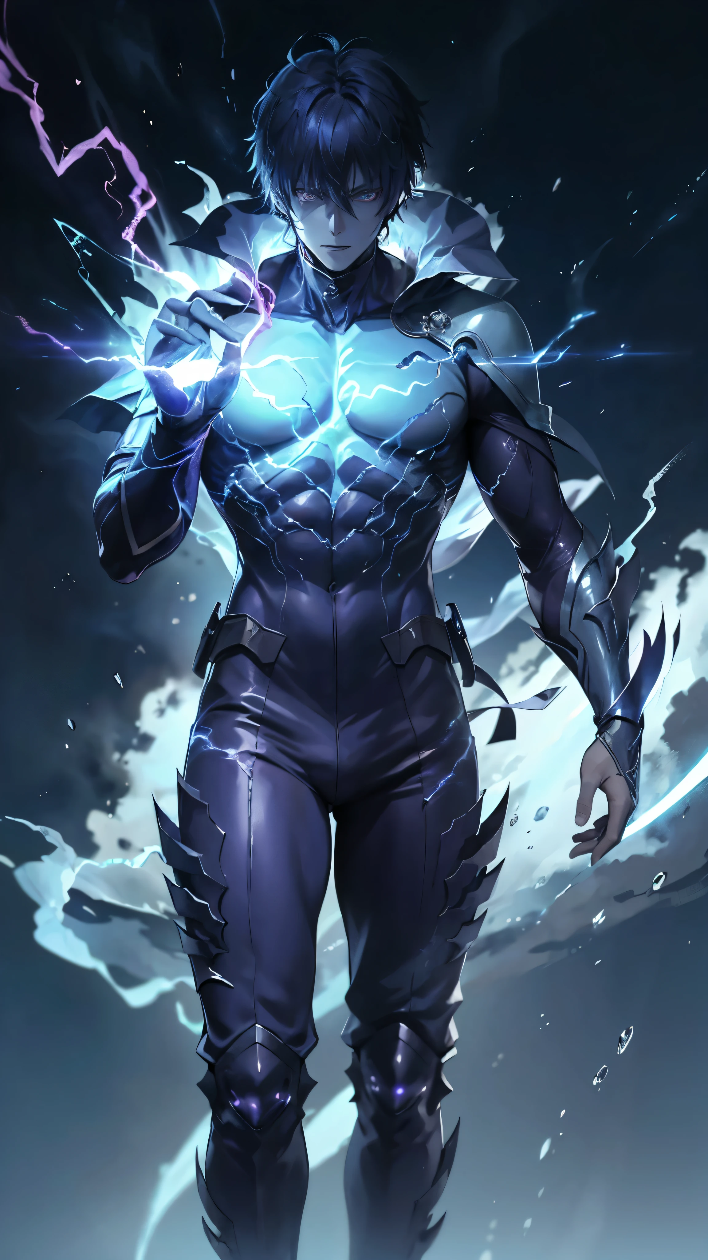 epic anime style, purple lightning, evil temperament, 20-year-old male shadow assassin, glowing black aura, shadow supervisor, handsome face, brilliant and majestic. Beautiful standard body and complete body structure. full body shot of a man with lightning in his hand, an epic anime about a purple energy man, in a battle stance with dark hair and glowing eyes looking at the viewer. Cool Gapmoe Yandere, menacing look, gintama's Hijikata Toushirou, inspired by Masanobu Okumura, the originator of the anime art style, Nobutaka Ike, the night war rages behind him. Highest image quality 8K, details everything 8K.