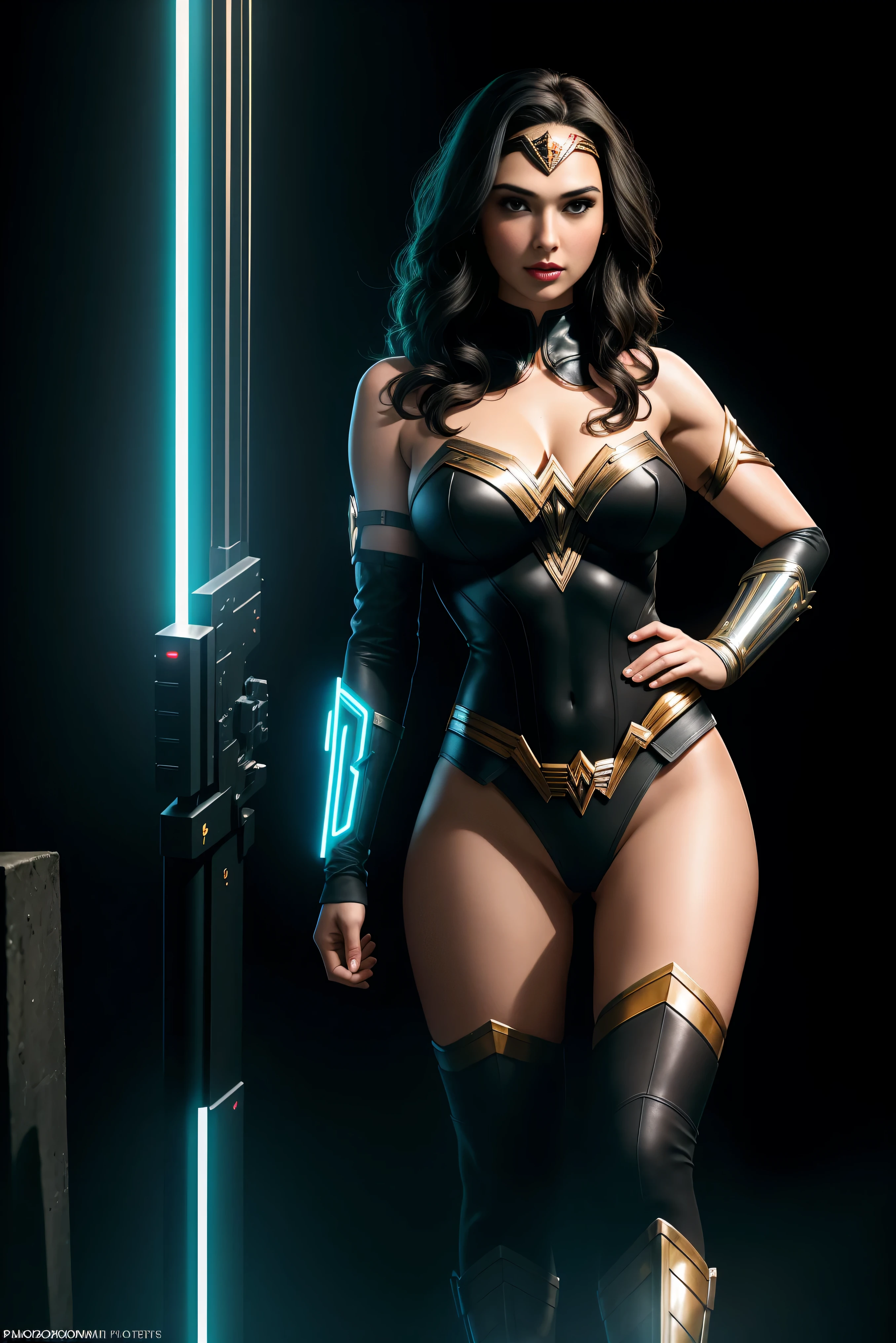 there is Gal Gadot as Wonder Woman standing, 3 d neon art of a womans body, neon-noir background, cyberpunk femme fatale, seductive cyberpunk dark fantasy, cyberpunk strip clubs, cyberpunk 20 y. o model girl, oppai cyberpunk, banner, high definition cgsociety, cgsociety masterpiece, trending on cgstation, kda, random hair, looking at camera, powerful physique, gigantic breasts, nice ass, powerful thighs, cleavage, (high detailed skin:1.2), 8k uhd, dslr, super lighting, high quality, film grain, high res, highly detailed, hyper realistic, beautiful face, beautiful body, beautiful eyes nose lips, alluring expression, very bold, upper visible, full body photo, standing legs apart, pale translucent glowing skin, most beautiful face, cute, (well defined pubic hair:1.2)), (dark plain black background:1.4))
