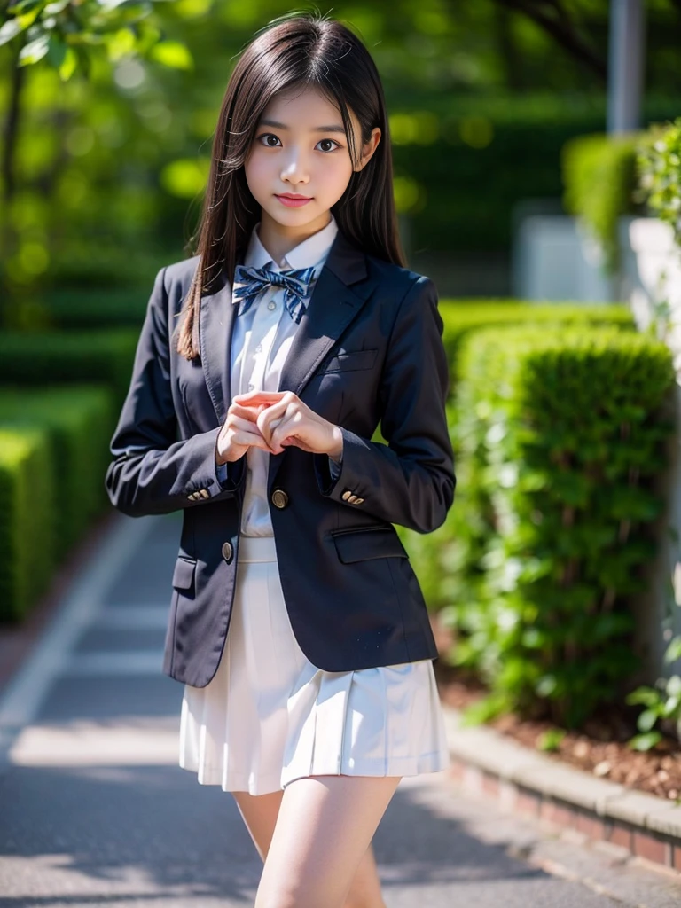 (masterpiece, highest quality:1.4), award-winning portraits, 8K, 85mm, alone, beautiful face, delicate girl, , (dark navy blazer jacket), dark navy skirt, long sleeve, violaces, gardenia, grace, Sophisticated, cute, teen, looking at the viewer, 15 years old, Raw photo, disorganized, HDR, sharp focus, A bow tie, background bokeh、(((flat 、thin and delicate body、A childish atmosphere)))、shiny semi-long hair、hair swaying in the wind、Mole on the left cheek、large, round, dark blue eyes、full body、random pose、Run、sprinting、Skirt fluttering in the wind、Junior idol、Nogizaka Idol、widening skirt、jump、mole under eye、