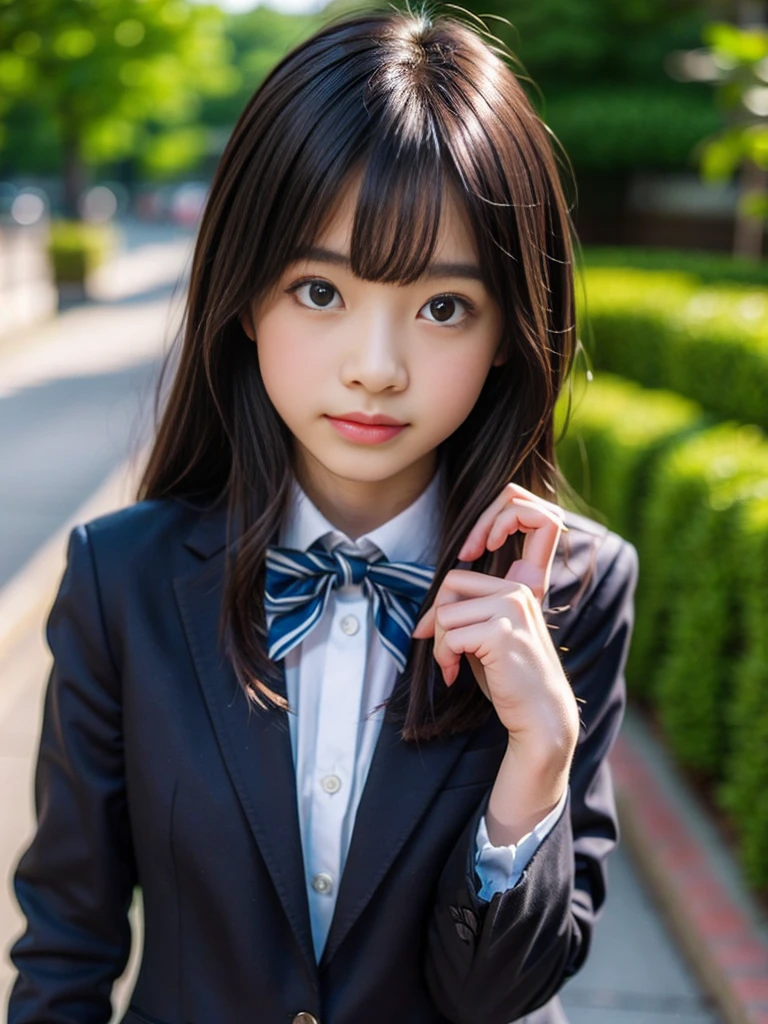 (masterpiece, highest quality:1.4), award-winning portraits, 8K, 85mm, alone, beautiful face, delicate girl, , (dark navy blazer jacket), dark navy skirt, long sleeve, violaces, gardenia, grace, Sophisticated, cute, teen, looking at the viewer, , Raw photo, disorganized, HDR, sharp focus, A bow tie, background bokeh、(((flat 、thin and delicate body、A childish atmosphere)))、shiny semi-long hair、hair swaying in the wind、Mole on the left cheek、large, round, dark blue eyes、full body、random pose、Run、sprinting、Skirt fluttering in the wind、Junior idol、Nogizaka Idol、widening skirt、jump、mole under eye、