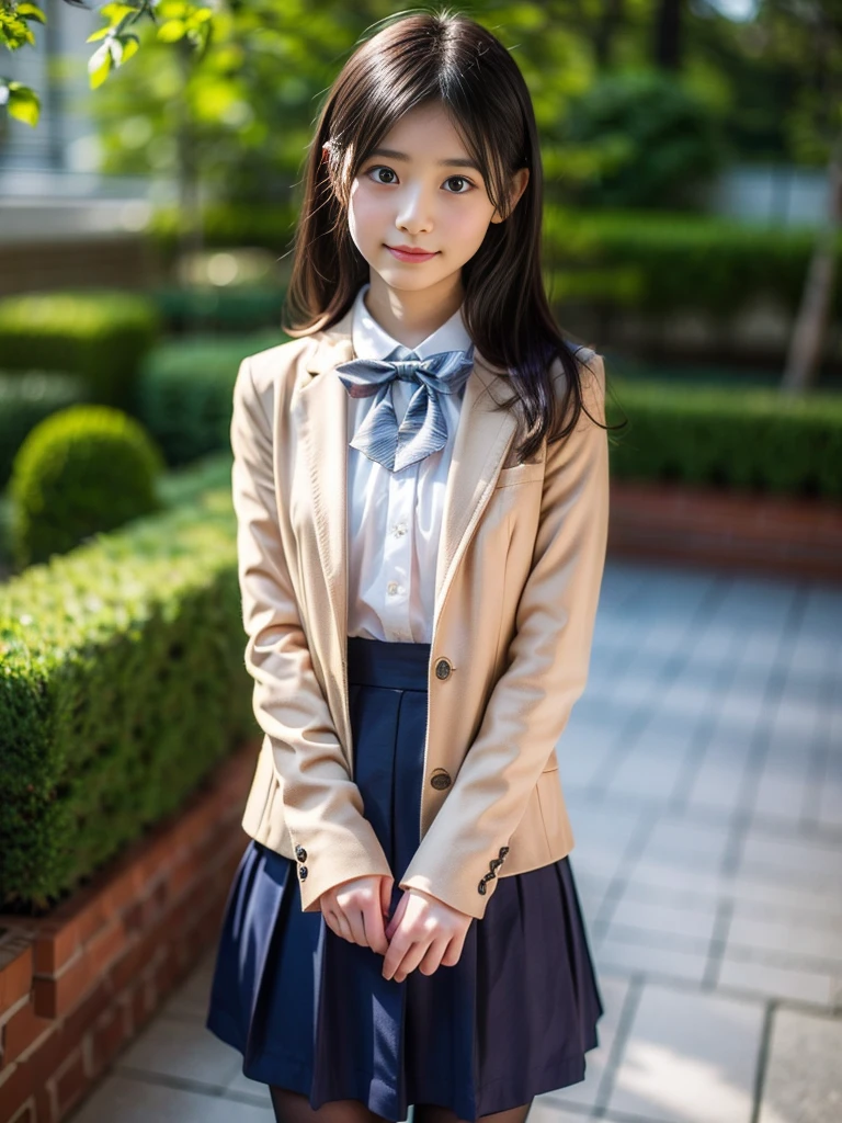 (masterpiece, highest quality:1.4), award-winning portraits, 8K, 85mm, alone, beautiful face, delicate girl, , (dark navy blazer jacket), dark navy skirt, long sleeve, violaces, gardenia, grace, Sophisticated, cute, teen, looking at the viewer, 15 years old, Raw photo, disorganized, HDR, sharp focus, A bow tie, background bokeh、(((flat 、thin and delicate body、A childish atmosphere)))、shiny semi-long hair、hair swaying in the wind、Mole on the left cheek、large, round, dark blue eyes、full body、random pose、Run、sprinting、Skirt fluttering in the wind、Junior idol、Nogizaka Idol、widening skirt、jump、mole under eye、