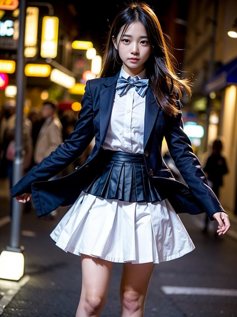 (masterpiece, highest quality:1.4), award-winning portraits, 8K, 85mm, alone, beautiful face, delicate girl, , (dark navy blazer jacket), dark navy skirt, long sleeve, violaces, gardenia, grace, Sophisticated, cute, teen, looking at the viewer, 15 years old, Raw photo, disorganized, HDR, sharp focus, A bow tie, background bokeh、(((flat 、thin and delicate body、A childish atmosphere)))、shiny semi-long hair、hair swaying in the wind、Mole on the left cheek、large, round, dark blue eyes、full body、random pose、Run、sprinting、Skirt fluttering in the wind、Junior idol、Nogizaka Idol、widening skirt、jump、mole under eye、