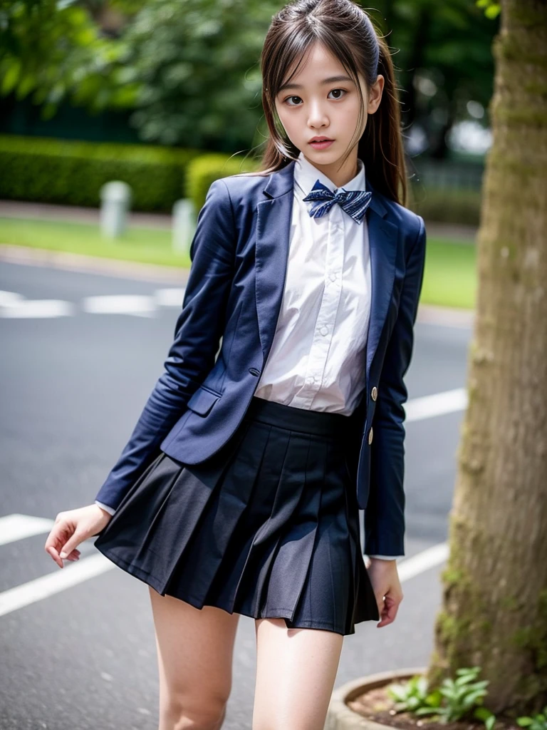 (masterpiece, highest quality:1.4), award-winning portraits, 8K, 85mm, alone, beautiful face, delicate girl, , (dark navy blazer jacket), dark navy skirt, long sleeve, violaces, gardenia, grace, Sophisticated, cute, teen, looking at the viewer, , Raw photo, disorganized, HDR, sharp focus, A bow tie, background bokeh、(((flat 、thin and delicate body、A childish atmosphere)))、shiny semi-long hair、hair swaying in the wind、Mole on the left cheek、large, round, dark blue eyes、full body、random pose、Run、sprinting、Skirt fluttering in the wind、Junior idol、Nogizaka Idol、widening skirt、jump、mole under eye、