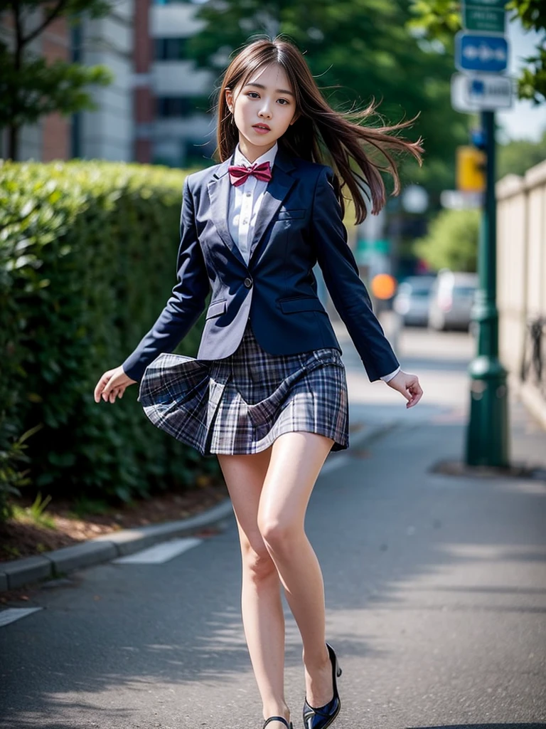 (masterpiece, highest quality:1.4), award-winning portraits, 8K, 85mm, alone, beautiful face, delicate girl, , (dark navy blazer jacket), dark navy skirt, long sleeve, violaces, gardenia, grace, Sophisticated, cute, teen, looking at the viewer, 15 years old, Raw photo, disorganized, HDR, sharp focus, A bow tie, background bokeh、(((flat 、thin and delicate body、A childish atmosphere)))、shiny semi-long hair、hair swaying in the wind、Mole on the left cheek、large, round, dark blue eyes、full body、random pose、Run、sprinting、Skirt fluttering in the wind、Junior idol、Nogizaka Idol、widening skirt、jump、mole under eye、