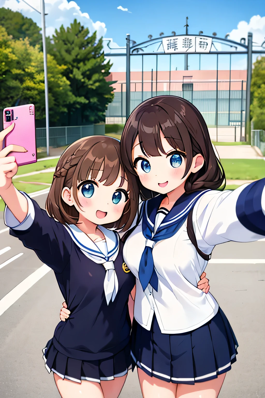 (highest quality:1.4)、ultra high resolution、detailed background、masterpiece、Anatomically correctNew、(Detailed beauty new face:1.4)、cute teenage girl、brown hair、cute hair color、braided bob、braided hairstyles、huge breasts:1.2、realistic、perfect body line、first time々New、Japanese high school、In front of the main gate of the school、Stand in front of the main gate、Entrance ceremony、(Two beautiful girls take a selfie in front of the main gate of their high school:1.5)、navy blue sailor suit、white sailor collar、navy pleated mini skirt、white knee high socks、cowboy shot、
A big smile、Looks like fun、Salute pose with cute gesture、peace sign、cute