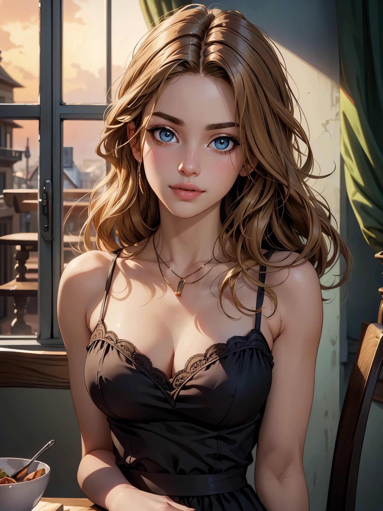 (​masterpiece), (top-quality), sunset, natural lights, ,(realistic:1.5), 1girl, long blonde hair, athletic, looking at viewer, eye contact, stunningly beautiful 20 years old mexican girl as a maid, maid unifrom, detailed modern day dining room in background, winter, natural lights, cleavage, necklace, tattoos, Cleavage athletic body, medium breasts, upper body, mid shot, masterpiece, detailed, mature, bright colors, high saturation, stunningly beautiful girl, light brown eyes, dark brown hair, enchanted_beauty, precise hands, seductive smile, smirk, confident look、love, happiness, Clear eyes, Shining eyes,, ultra-definition, Top resolution,  soft lightning