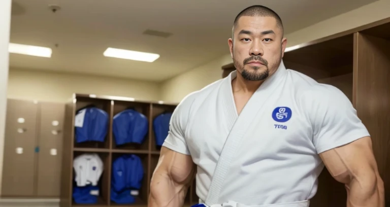 (judo uniform:1.2), (inside club locker room:1.2), Japanese man, Chinese man, Korean man, Taiwanese man, manly face, (round face:1.2), (monolid eyes:1.2), (buzz cut:1.4), very large and strong body, bulging muscles, very large pectoral muscles, muscular arms, muscular abs, muscular legs, muscular back, brightens oily skin, master piece, realistic, panorama, distant view