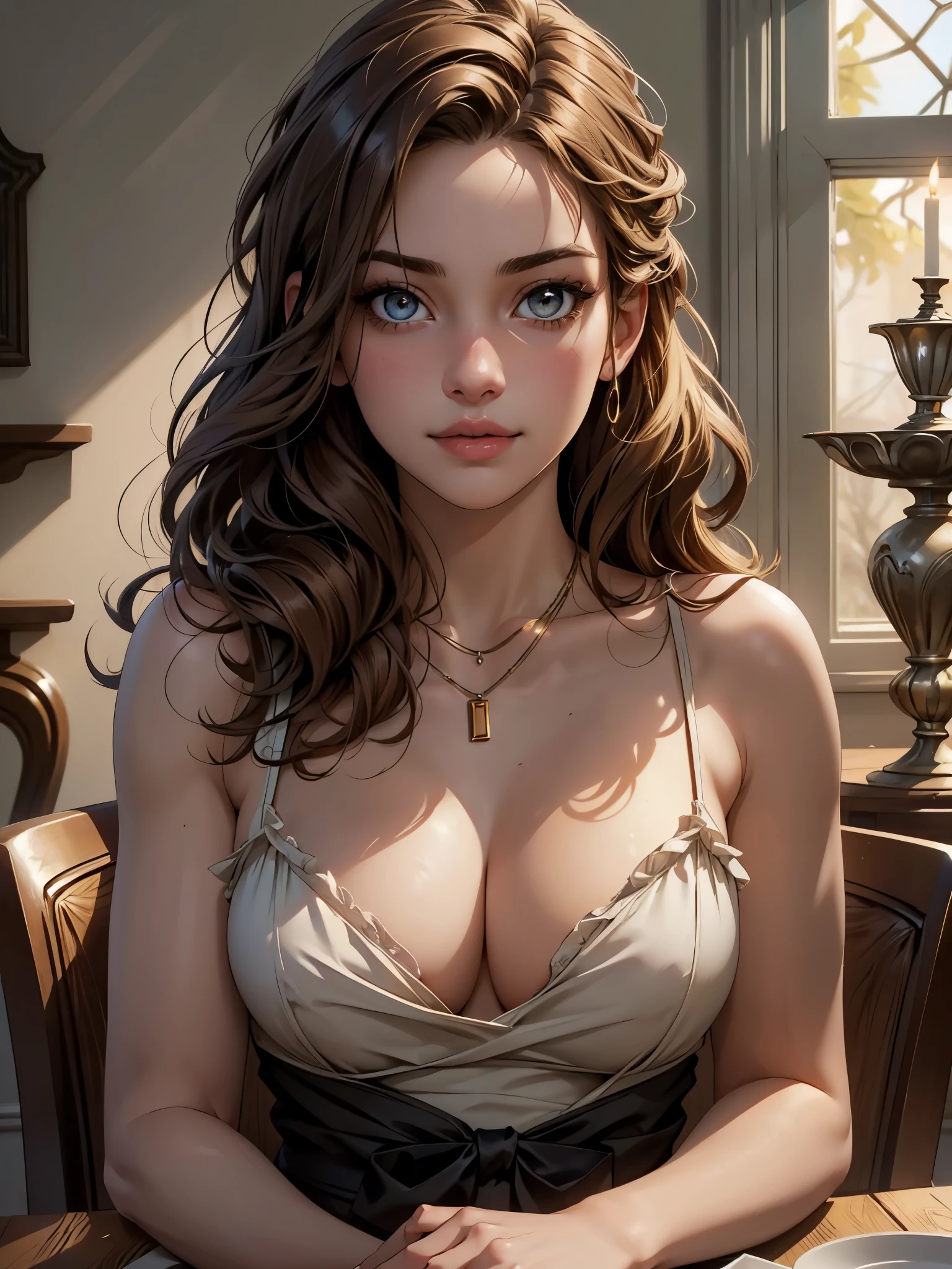 (​masterpiece), (top-quality), sunset, natural lights, ,(realistic:1.5), 1girl, long blonde hair, athletic, looking at viewer, eye contact, stunningly beautiful 20 years old mexican girl as a maid, maid unifrom, detailed modern day dining room in background, winter, natural lights, cleavage, necklace, tattoos, Cleavage athletic body, medium breasts, upper body, mid shot, masterpiece, detailed, mature, bright colors, high saturation, stunningly beautiful girl, light brown eyes, dark brown hair, enchanted_beauty, precise hands, seductive smile, smirk, confident look、love, happiness, Clear eyes, Shining eyes,, ultra-definition, Top resolution,  soft lightning