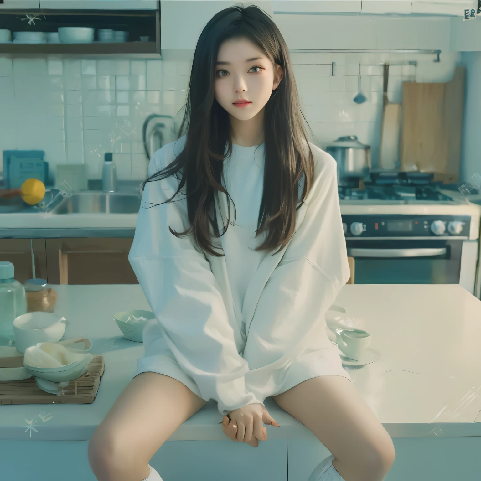 araffed asian woman sitting on counter in kitchen with white shirt, ulzzang, korean girl, jaeyeon nam, smooth white tight clothes suit, 2 4 year old female model, 19-year-old girl, in white clothes, guweiz, trending on cgstation, jinyoung shin, gongbi, young wan angel, sakimichan