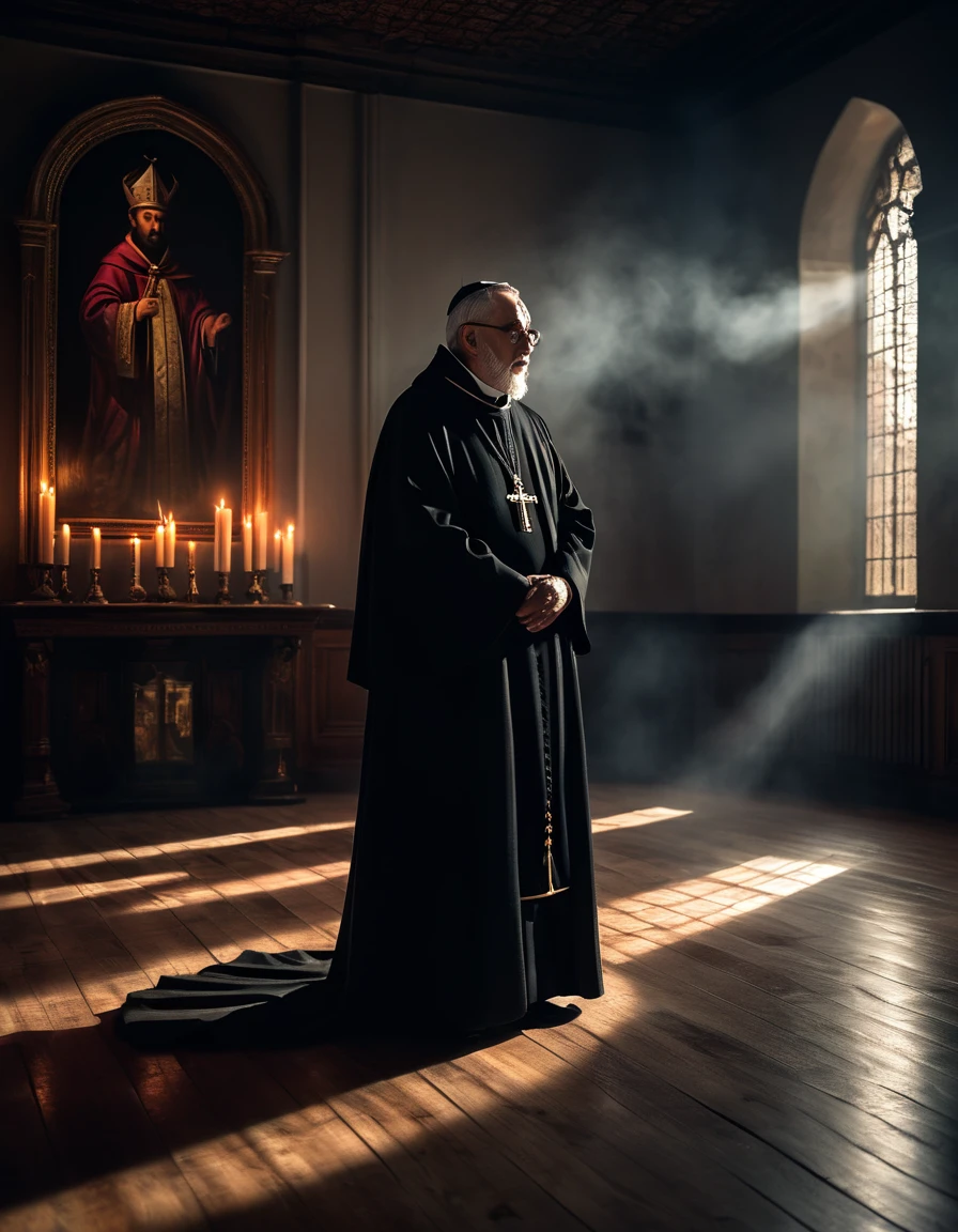 A mystery environment, with dimly lit candles flickering against the walls, casting eerie shadows across the floor. In the center of the room standed a male figure dressed in a bishop outfit eminating a calm aura and graceness, his facial expression is a mixing of peacefulness and sharpness, soft focus, depth of field, 8k photo, HDR, professional lighting, taken with Canon EOS R5, 75mm lens