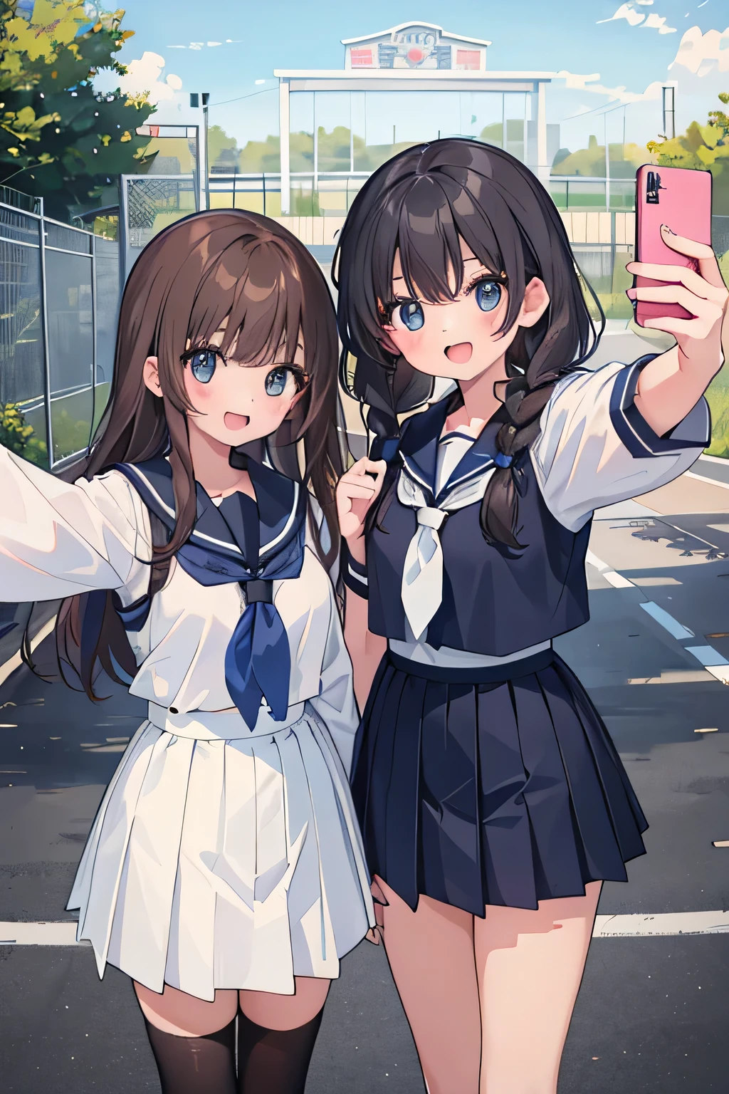 (highest quality:1.4)、ultra high resolution、detailed background、masterpiece、Anatomically correctNew、(Detailed beauty new face:1.4)、cute age girl、brown hair、cute hair color、braided bob、braided hairstyles、huge breasts:1.2、realistic、perfect body line、first time々New、Japanese high school、In front of the main gate of the school、Stand in front of the main gate、Entrance ceremony、(Two beautiful girls take a selfie in front of the main gate of their high school:1.5)、navy blue sailor suit、white sailor collar、navy pleated mini skirt、white knee high socks、cowboy shot、
A big smile、Looks like fun、Salute pose with cute gesture、peace sign、cute