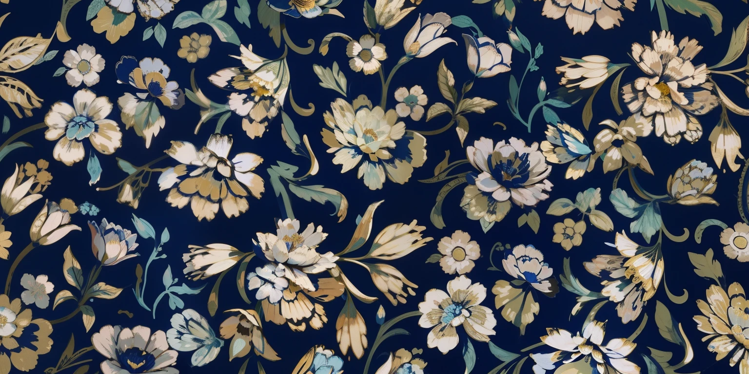 Close-up on blue background,There is a bouquet of flowers on it, ornate flowery, inspired by William Morris, flowery dream, flowery pattern, gorgeous flowers, Paisley, Textile printing, beatrice blue, Indigo blooming garden, gilded. flowery, blue forest with flowers, flowery motives, Baroque fabric, Jin brocade dark blue clothes, flowery! complex, flowery