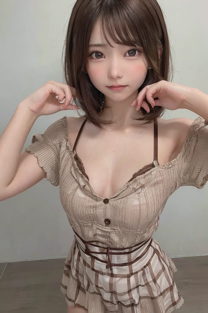 masterpiece, highest quality, High resolution,super detailed, amazingly beautiful woman,8k wall,one girl, (a beauty girl, delicate girl:1.3), (:1.5), break, (Checked casual dress:1.3), break, extremely fine-grained clarity, (symmetrical eyes:1.3), break, (1 in the street.3), break, small breasts, brown eyes, parted bangs, brown hair, girl, break, (Eye and face details:1.3),smile,