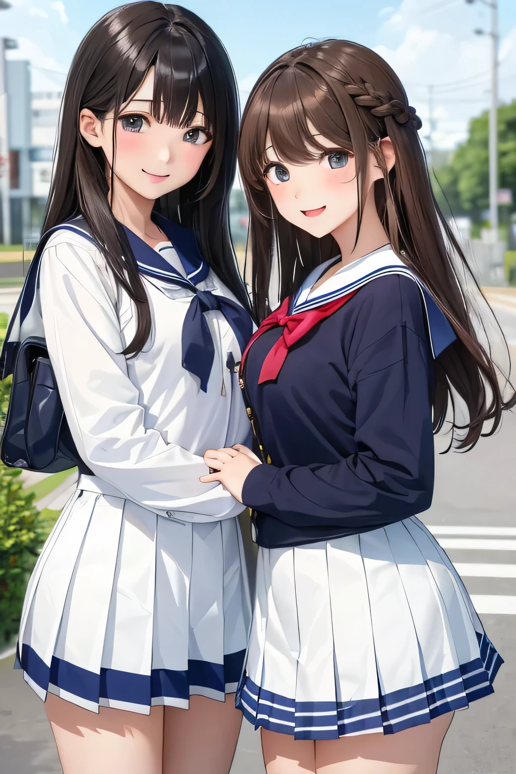(highest quality:1.4)、ultra high resolution、detailed background、masterpiece、Anatomically correctNew、(Detailed beauty new face:1.4)、cute teenage girl、(two beautiful girls:1.2)、brown hair、cute hair color、braided bob、braided hairstyles、huge breasts:1.2、realistic、perfect body line、first time々New、Japanese high school、In front of the main gate of the school、Stand in front of the main gate、Entrance ceremony、navy blue sailor suit、white sailor collar、navy pleated mini skirt、white knee high socks、cowboy shot、(two beautiful girls take a selfie in front of the main gate of their high school:1.5)、
A big smile、Looks like fun、cute gesture、double piece、cute