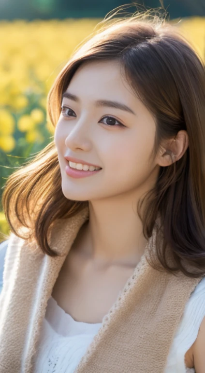 rape blossom field、Long Gilet、open chest、I'm not wearing anything inside、whole body、NiziUAYAKA、 4K、1people's women、slender、 Loose wavy styling 、seductive and attractive、Including face and skin texture.,detailed eyes、A soothing expression with a smile