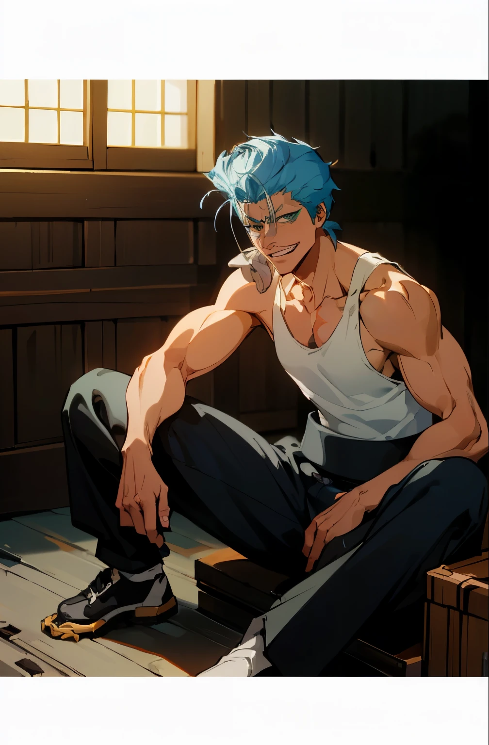 Masterpiece, best quality, 1 man, Grimmjow Jaegerjaquez, day, daytime, heavy fighting master, black sports pants, simple black tank top, Urban Style, Muscular body, smiling with tongue sticking out, damaged clothing, damaged skin, sitting in a Japanese room, sitting, power of aura, smiling, looking forward, male focus, strong muscles, Muscular body ,depth of field, bokeh, sitting male pose