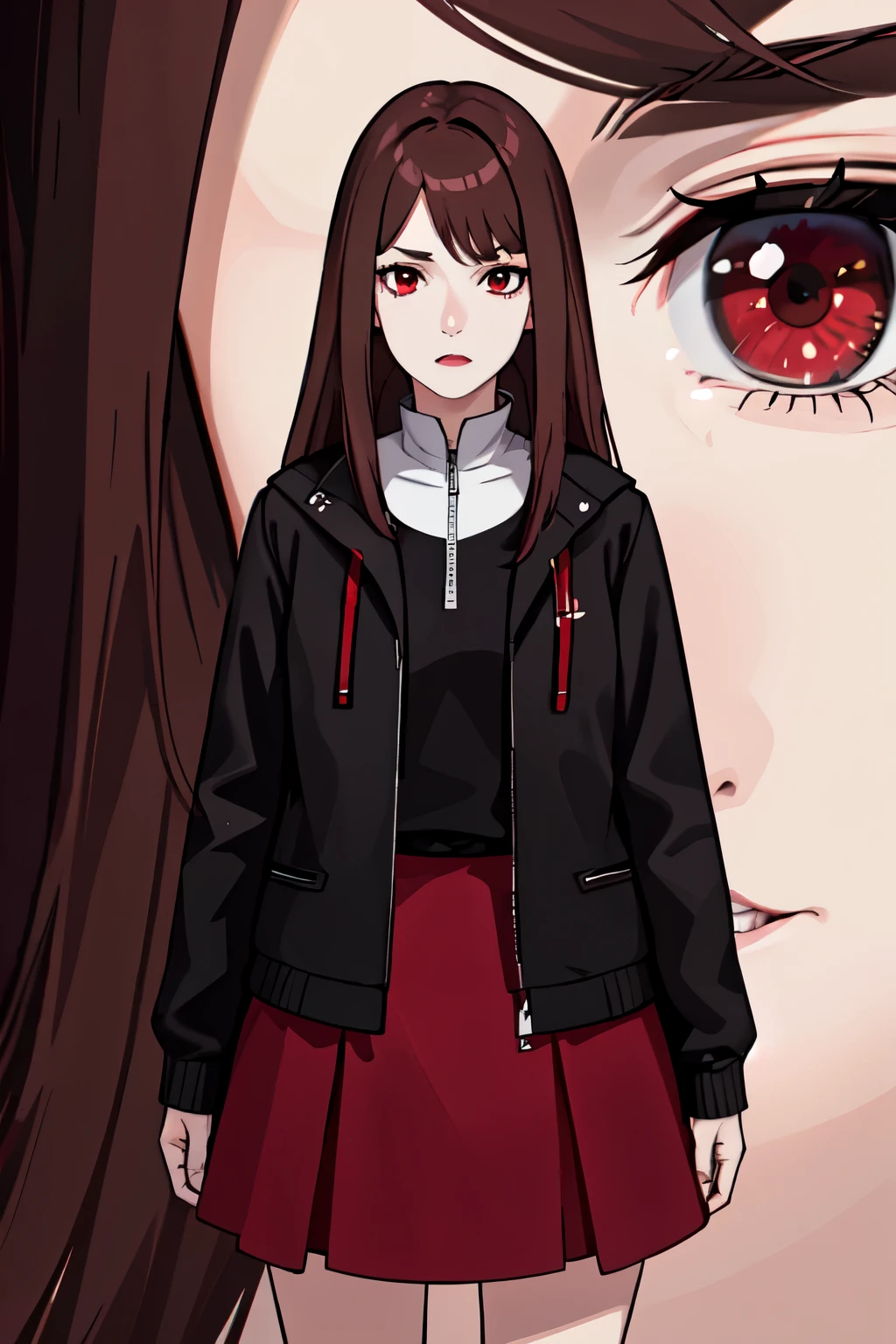 1girl,brown hair,Wearing a black jacket, red skirt, red eyes,Standing, close up photo, snow background, ultra detail, ultra HD