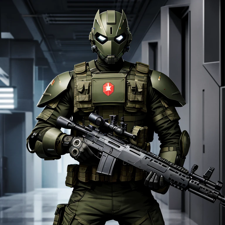 2150 Soldier, the mask completely covers the face, Mechanical clothing, cyborg, weapon, overall plan, hostilities, rifle, military pose