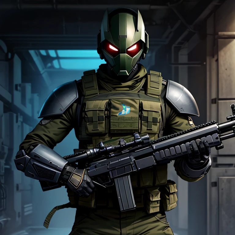 2150 Soldier, the mask completely covers the face, Mechanical clothing, cyborg, weapon, overall plan, hostilities, rifle, military pose