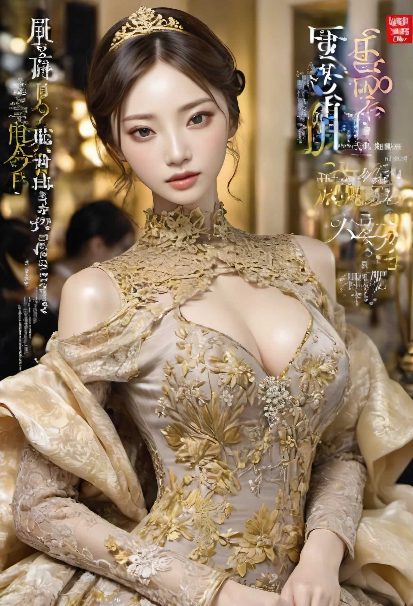 （（Magazine cover））Eyes are very delicate，Exquisite hair color，（shiny skin：1.2）（（Black and gold sheer lace dress）），huge ，Overmuch，big and droopy，big ditty big ， （（（masterpiece）））， （（best quality））， （（intricate details））， （（Surreal））