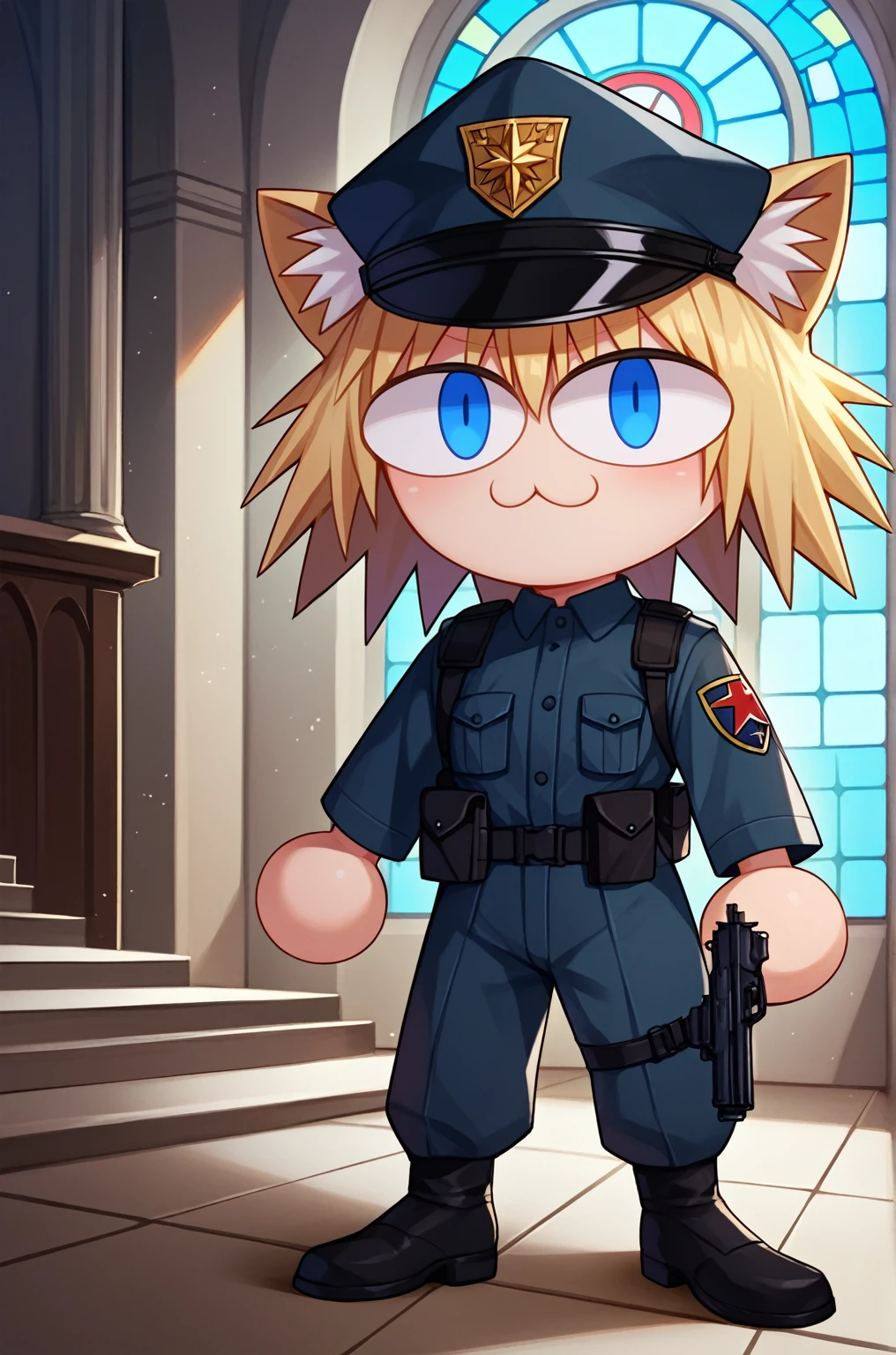 score_9, score_8_up, score_7_up, score_6_up, score_5_up, score_4_up, BREAK, 1girl, solo, necoarc, lit pupils, cat ears, chibi, :3,  feliciadef, blonde hair, blue eyes, hellsing, seras, cop hat, gun holster, cop, saggy trousers, cop uniform, church, indoors,