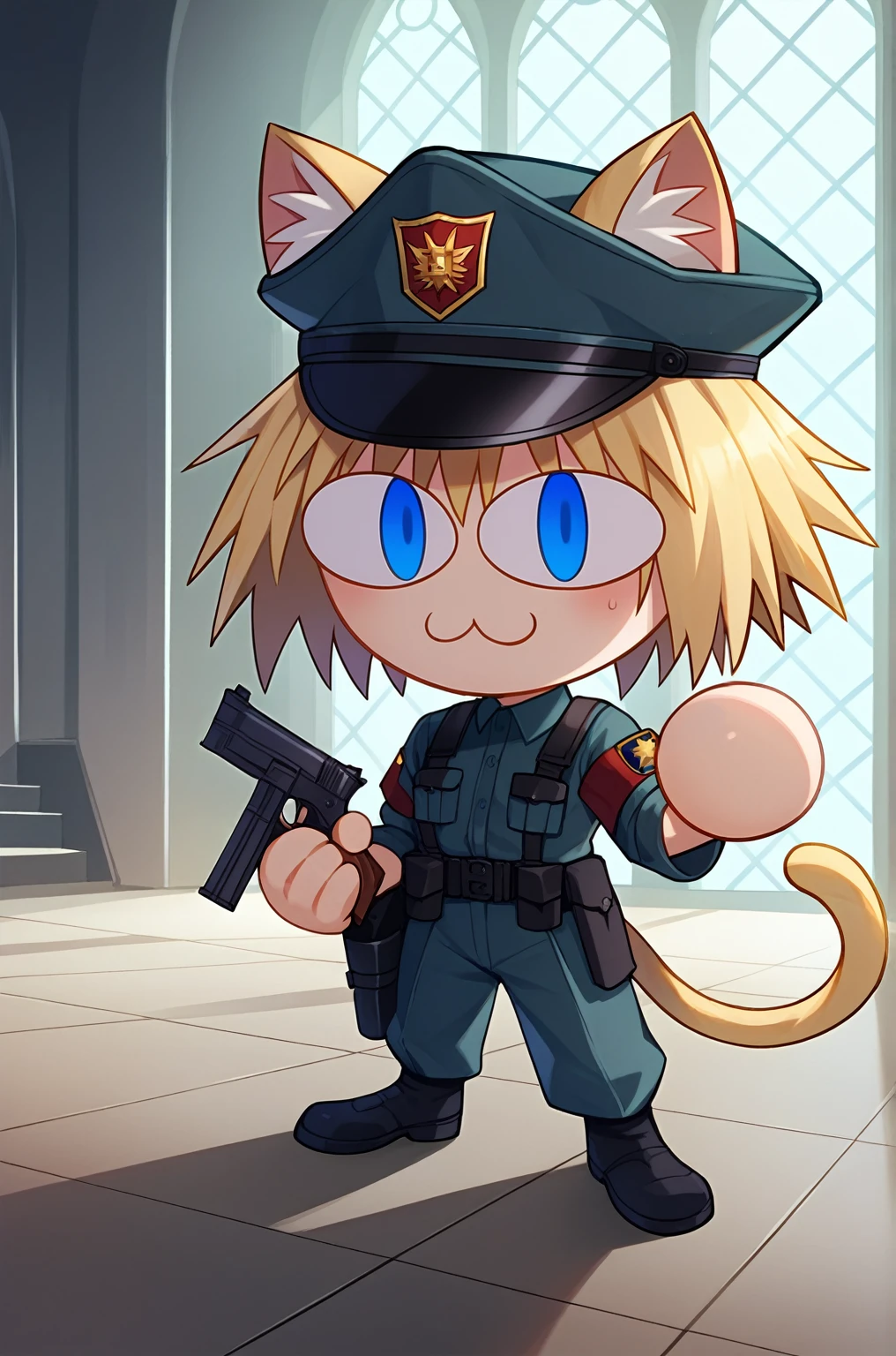 score_9, score_8_up, score_7_up, score_6_up, score_5_up, score_4_up, BREAK, 1girl, solo, necoarc, lit pupils, cat ears, chibi, :3,  feliciadef, blonde hair, blue eyes, hellsing, seras, cop hat, gun holster, cop, saggy trousers, cop uniform, church, indoors,