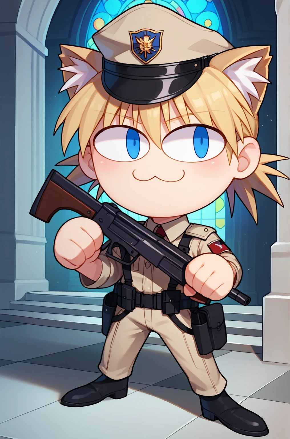 score_9, score_8_up, score_7_up, score_6_up, score_5_up, score_4_up, BREAK, 1girl, solo, necoarc, lit pupils, cat ears, chibi, :3, feliciadef, blonde hair, blue eyes, hellsing, seras, cop hat, gun holster, cop, saggy trousers, cop uniform, church, indoors,