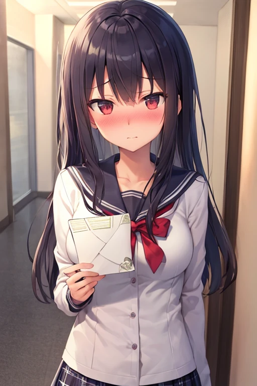 ((highest quality)), ((masterpiece)), (be familiar with), perfect face,have a letter,love letter,high school girl,School,corridor,long hair,big letter,medium breasts,blush,shy,holding a letter in front of