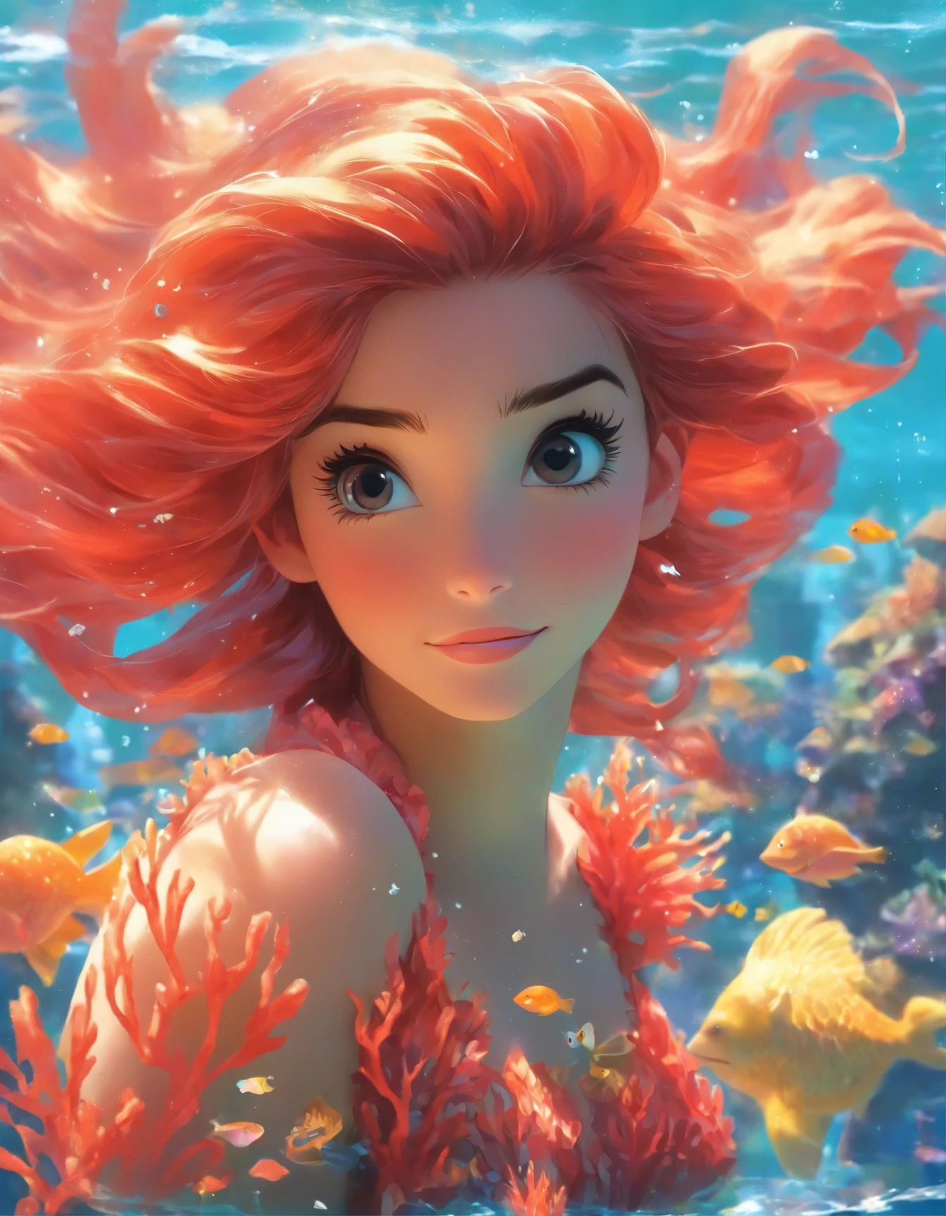 mermaid with red hair swimming in the ocean with corals, mermaid, beautiful mermaid, emma watson as a mermaid, emma watson as sea mermaid, little mermaid, ariana grande as a mermaid, ariel the little mermaid, portrait of mermaid, a mermaid in the sea, the little mermaid, mermaid tail, mermaid body, siren, long flowing hair underwater, mermaids