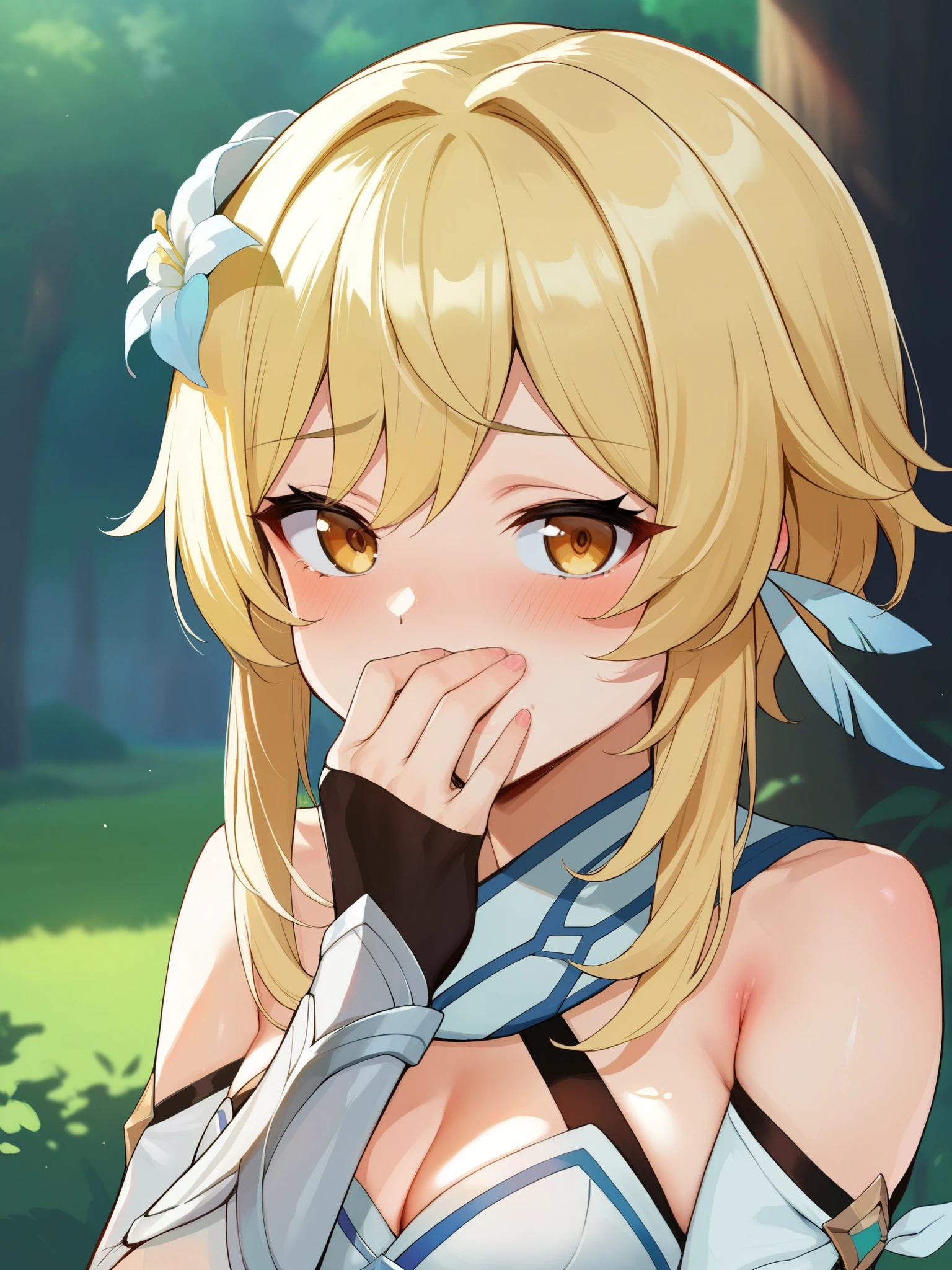 score_9, score_8_up, score_7_up, score_6_up, source_anime, BREAK by ikuchan kaoru, iku, clean color, flat color,1girl, genshin impact, lumine genshin impact, outdoors, in Forest,  face focus, face closeup, face, face only, smug, shy, embarrassed, covering mouth, covering eyes