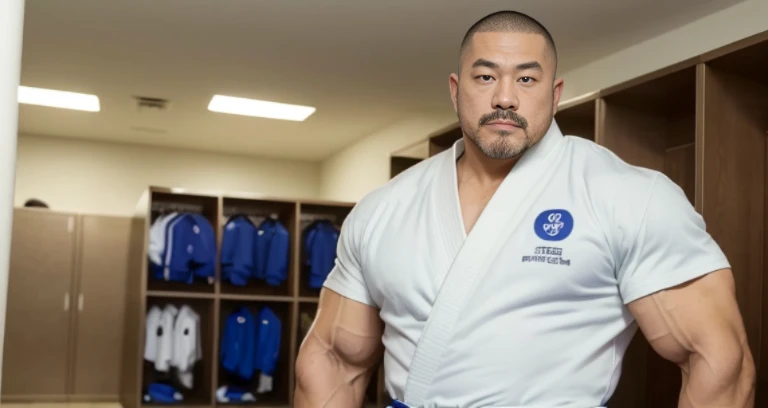 (open-chested clothing:1.3), (judo uniform:1.2), (inside club locker room:1.2), Japanese man, Chinese man, Korean man, Taiwanese man, manly face, (round face:1.2), (monolid eyes:1.2), (buzz cut:1.4), very large and strong body, bulging muscles, very large pectoral muscles, muscular arms, muscular abs, muscular legs, muscular back, brightens oily skin, master piece, realistic, panorama, distant view