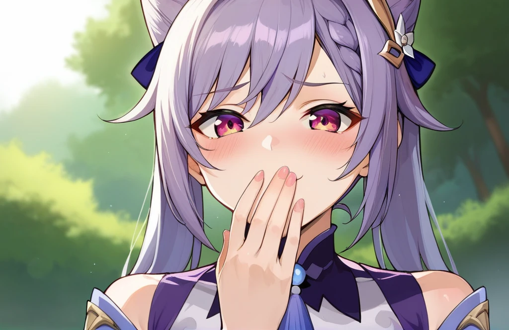 score_9, score_8_up, score_7_up, score_6_up, source_anime, BREAK by ikuchan kaoru, iku, clean color, flat color,1girl, genshin impact, keqing genshin impact, outdoors, in Forest,  face focus, face closeup, face, face only, smug, shy, embarrassed, covering mouth, covering eyes