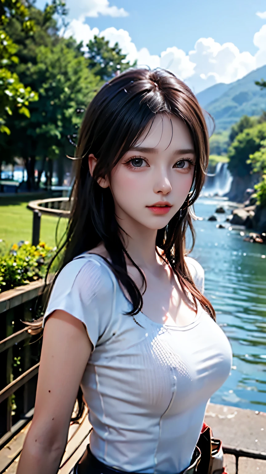 masterpiece, 最high quality, high quality, Highly detailed CG Unity 8K wallpaper, landscape, outdoor, null, cloud, null, Supermodel,beautiful girl,adorable,perfect shape,group,idol group, Mountain, landscape, water, wood, blue null, waterfall, cliff, nature, lake, river , cloudy skies, award winning photography, Bokeh, Depth of the bounds written, HDR, bloom, chromatic aberration, photorealism, very detailed, Trending with ArtStation, Trending on CGsociety, Complex, high detail, dramatic, Art on the road