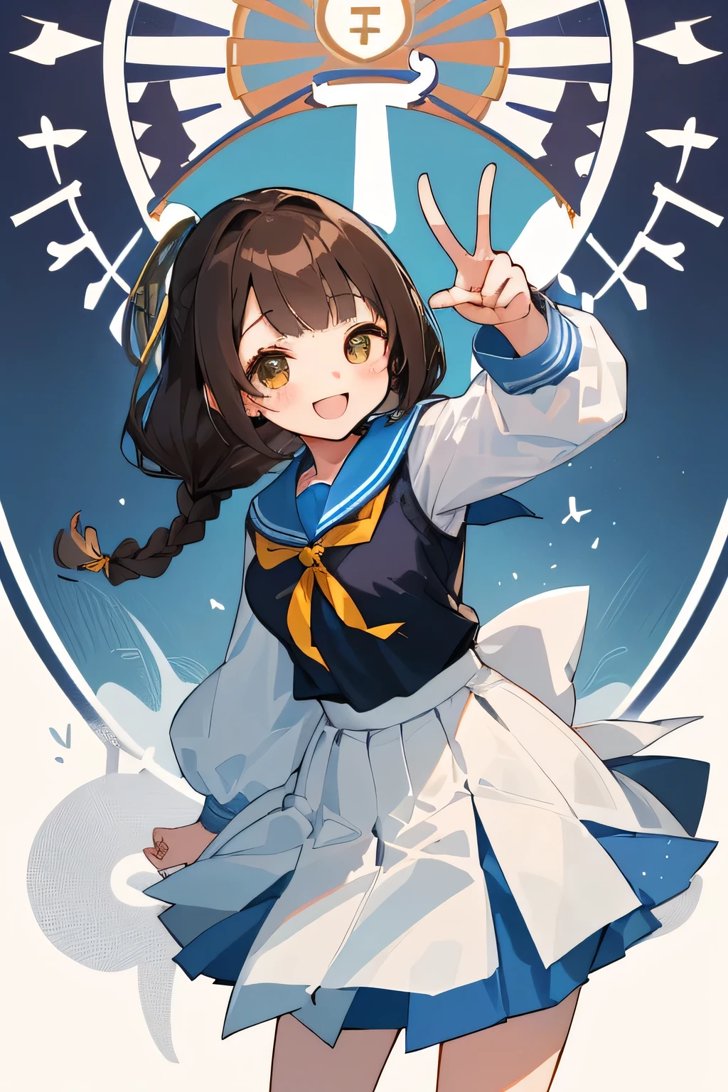 (highest quality:1.4)、ultra high resolution、detailed background、masterpiece、Anatomically correctNew、(Detailed beauty new face:1.4)、Two beautiful teenage girls、brown hair、braided bob、braided hairstyles、huge breasts、realistic、perfect body line、first time々New、Japanese high school、In front of the main gate of the school、Stand in front of the main gate、Entrance ceremony、(Two beautiful girls standing in front of the main gate in high school:1.5)、
(navy blue sailor suit:1.2)、(white sailor collar)、navy pleated mini skirt、white knee high socks、cowboy shot、
A big smile、Looks like fun、Commemorative photo、cute gesture、selfie、double peace sign、peace sign、cute