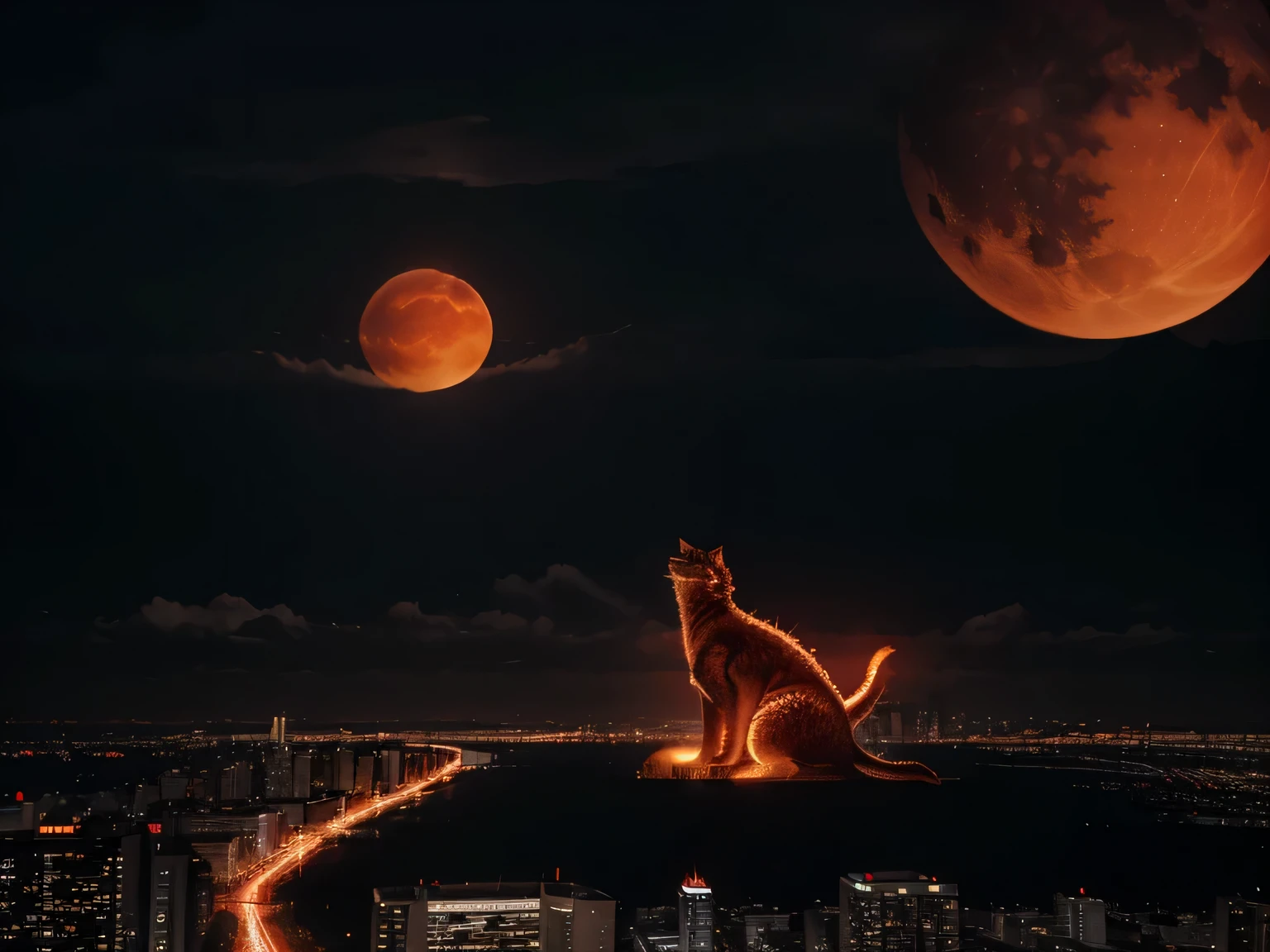 A dark night over the city, red moon, red moon with energy flow, energy tide, bad premonition, view, don&#39;t need humans, There is a flow of energy., Very realistic, 4k, Godzilla, like a short-legged orange cat, is destroying the city.