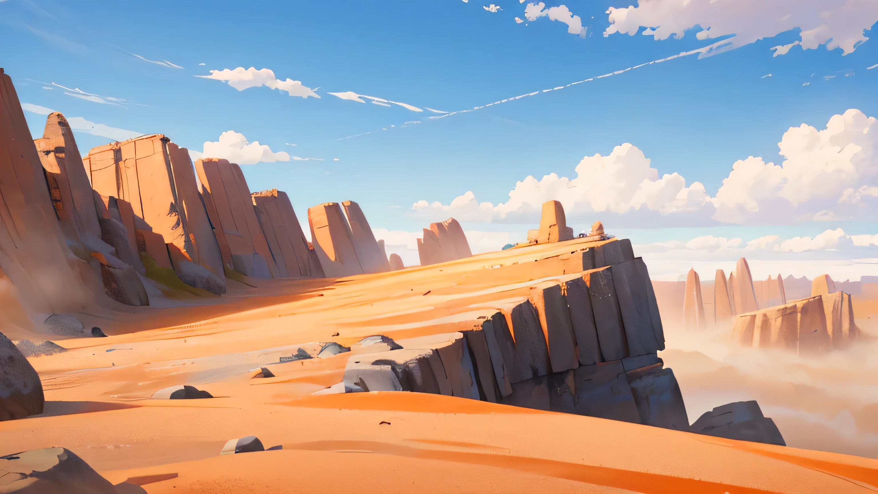 Land, rocky, uneven, rough, irregular, warm, dusty, detailed, sky on top, warm, bright sunshine, blue sky, high quality, 8k