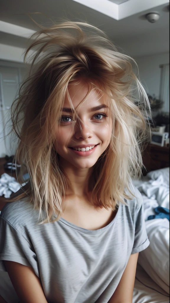 blond woman with long hair sitting on bed smiling at camera, messy blond hair, messy blonde hair, she has messy hair, messy hair bedhead, beautiful blonde girl, loose messy hair, her hair is natural disheveled, 🤤 girl portrait, messy hair, crazy seductive smile, soft hair, blonde shaggy hair, cool tousled hair, cute seductive smile