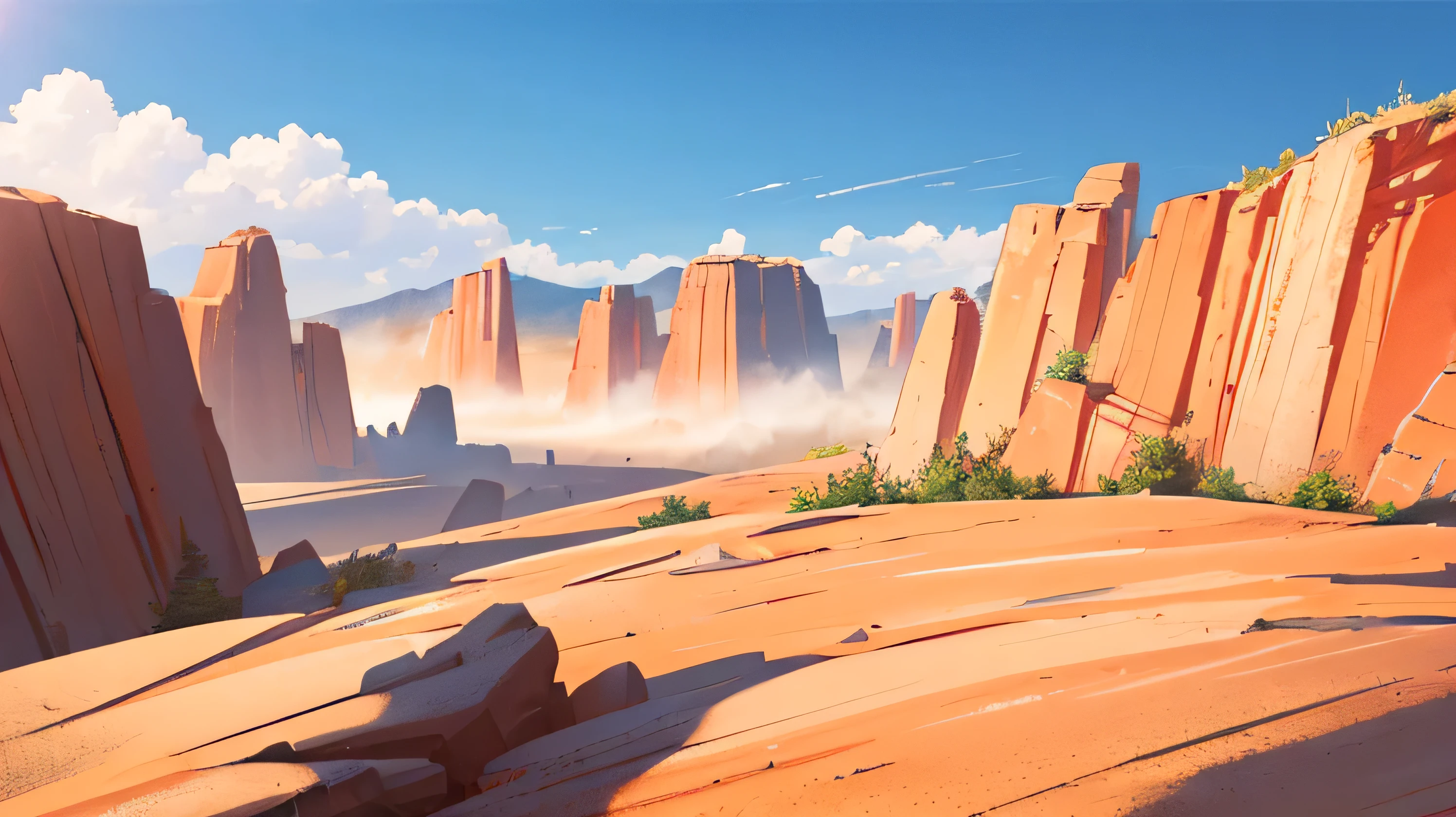 Land, rocky, uneven, rough, irregular, warm, dusty, detailed, sky on top, warm, bright sunshine, blue sky, high quality, 8k