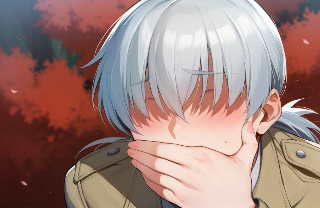 score_9, score_8_up, score_7_up, score_6_up, source_anime, BREAK by ikuchan kaoru, iku, clean color, flat color,1girl, hellsing, seras, outdoors, in Forest, face focus, face closeup, face, face only, smug, shy, embarrassed, covering mouth, covering eyes